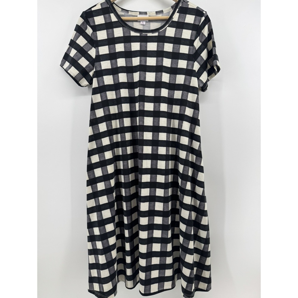 LuLaRoe Medium Black Check Short Sleeve Swing T Shirt Dress